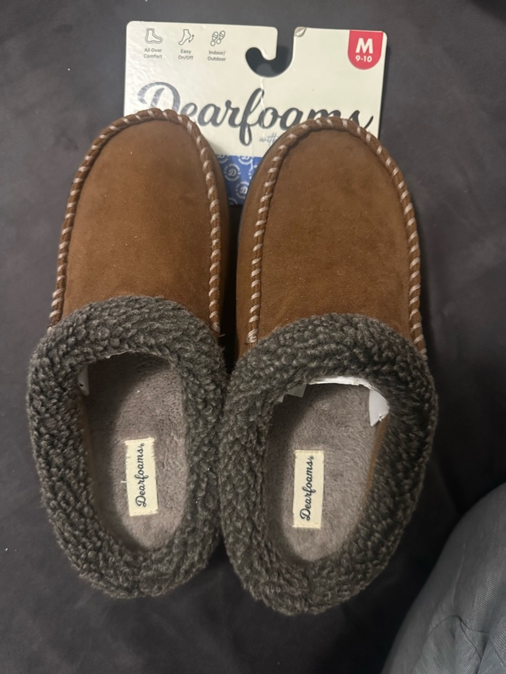 dearfoams Brown Suede Slip-On Moccasin with Dark Gray Knit Collar